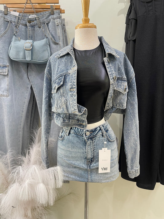 Cropped Rhinestone Denim Jacket