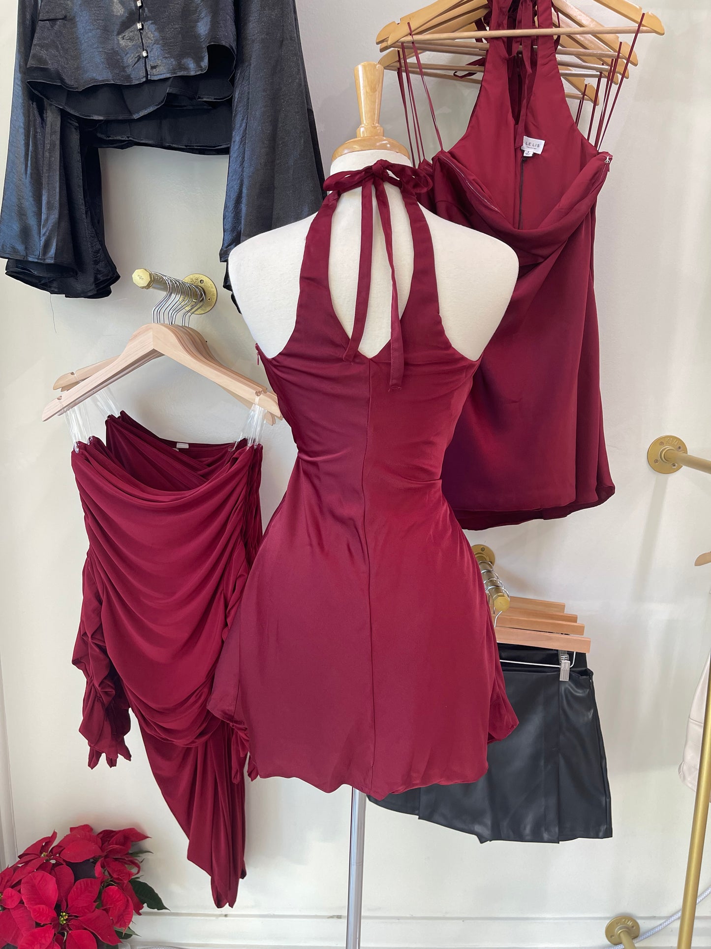 Burgundy Satin Flower Neck Tie Dress