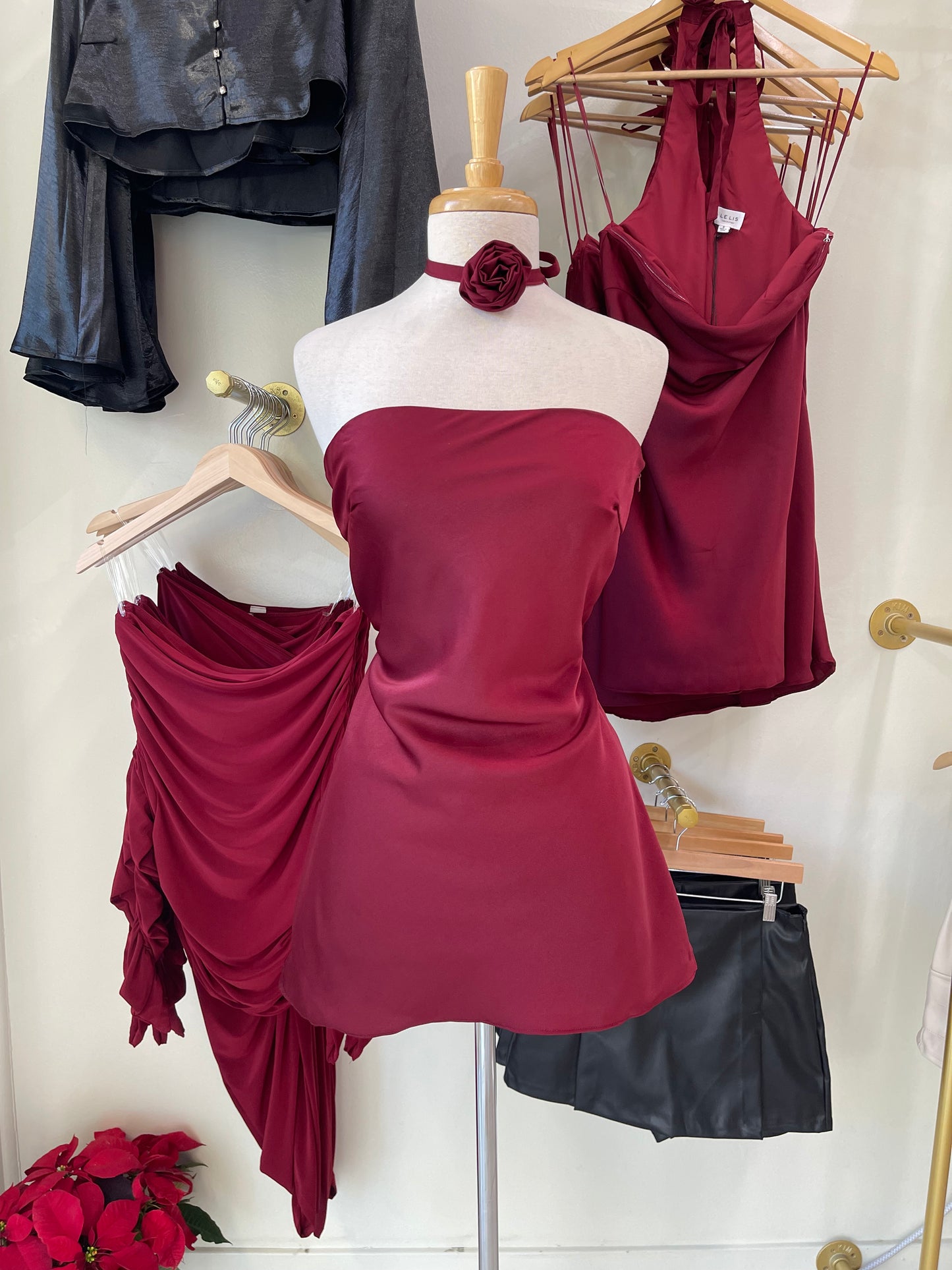 Burgundy Satin Flower Neck Tie Dress