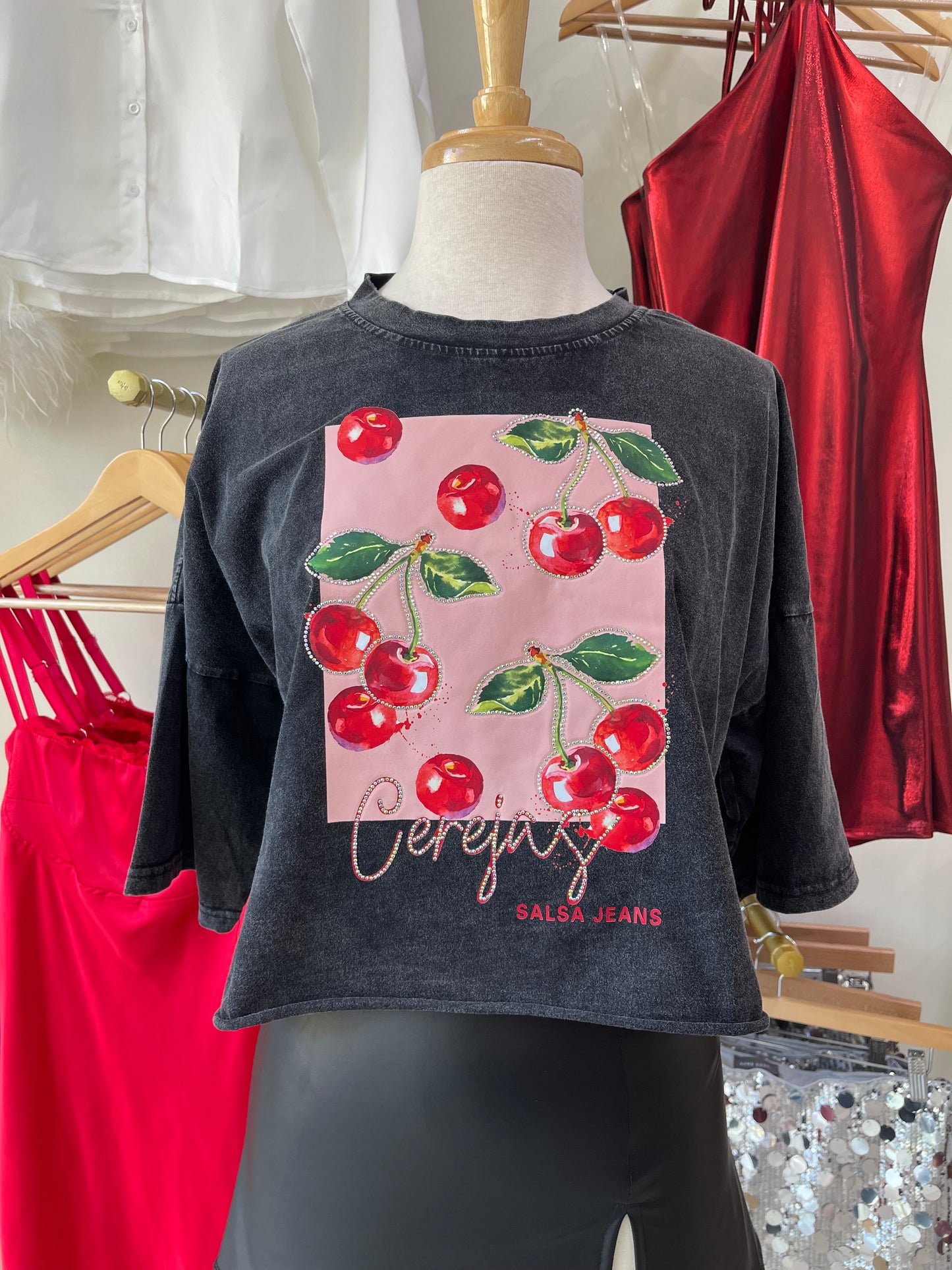 Rhinestone Cherry Oversized Shirt 🍒