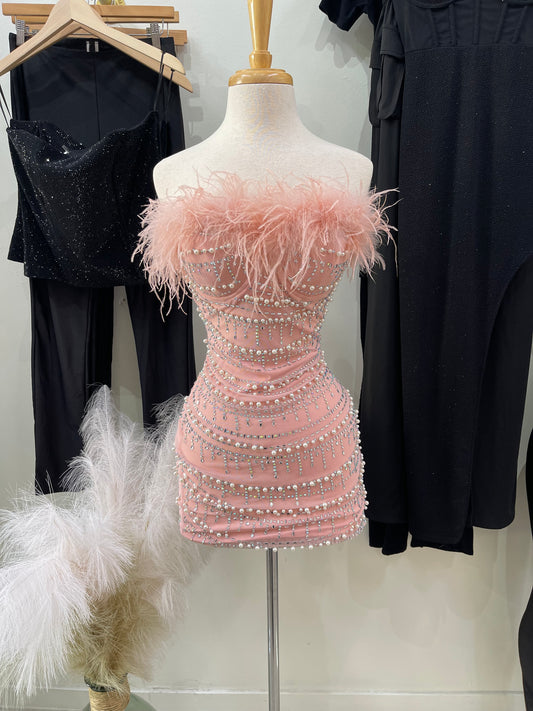 Pink Feather Pearl Dress